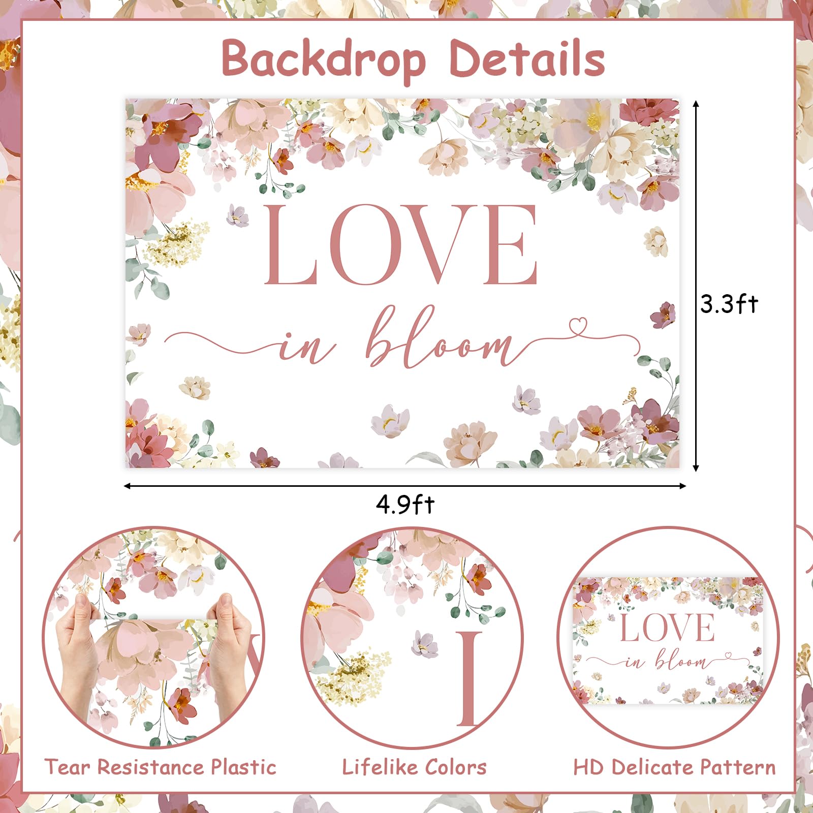 Kreatwow Love in Bloom Bridal Shower Decorations Backdrop Rose Gold Bridal Shower Backdrop Rose Gold Bachelorette Decors Boho Flower Floral Rose Gold Engagement Wedding Bachelorette Party Decorations