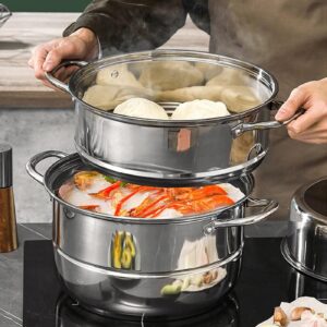 Steamer for Cooking, Food Grade Stainless Steel Steamer Pot, 11 inch Steam Pots with Glass Lid 2-tier for Cooking Vegetables, Seafood, Soups, Stews and Pasta Cooking Tool (28cm)