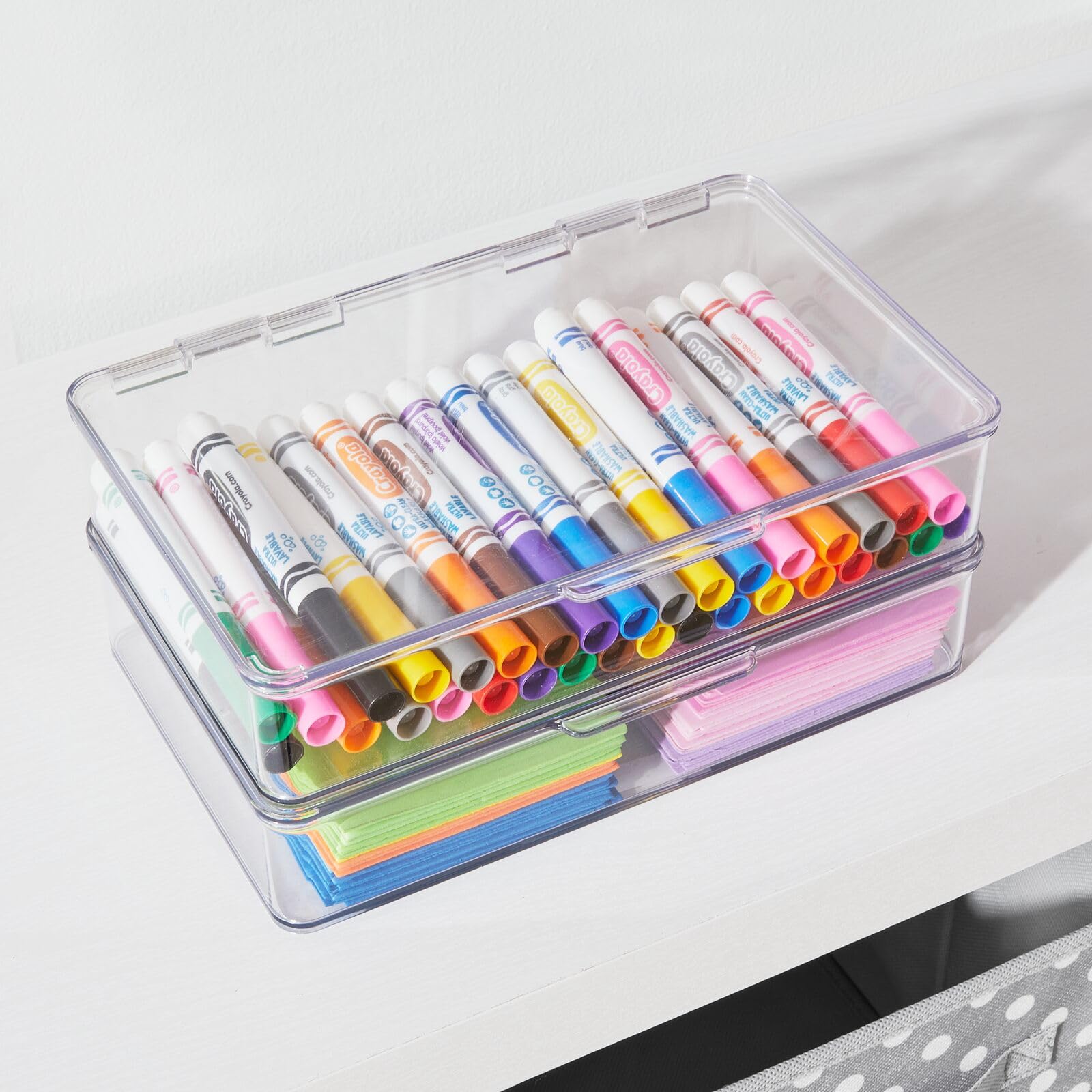 mDesign Shallow Plastic Craft Stackable Storage Organizer w/Hinged Lid - Easy-to-Carry Crayon, Bead, Sewing, Hobby Supply Container - Arts and Crafts Organizer Storage Box - Lumiere Collection, Clear