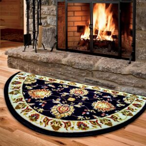 Cozy Floor Mats Fireplace Hearth Rug, Low Profile, Black Red, Half Circle, Fire Heat Resistant Mat, Half Moon Shape, Non Slip Kitchen Rug, Cabin Cottage Lodge,Traditional Design (2'2"x 3'3")… (Black)