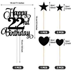 22nd Birthday Cake Decorations Set Include 22nd Birthday Candles Numeral 22 Cake Candles and Happy 22nd Birthday Cake Toppers with Heart Star Cupcake Picks for Birthday Party (Black Series)