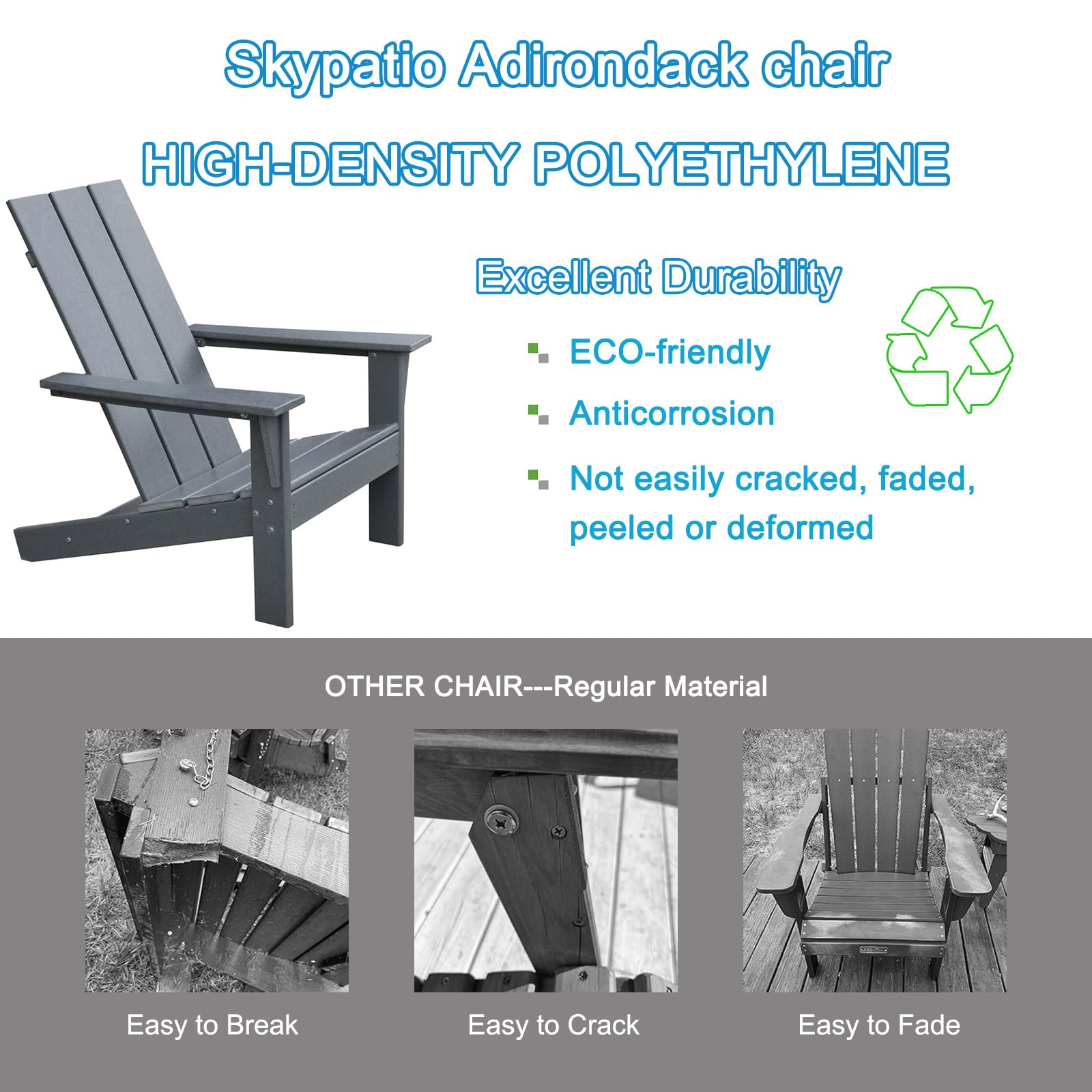 Skypatio Adirondack Chair, All-Weather Patio Fire Pit Chairs High-Density Polyethylene Adirondack Chairs for Porch, Balcony, Garden, Deck, Lawn, Backyard, Grey