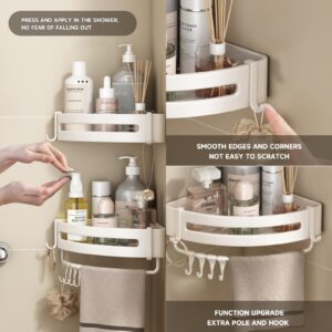 Shower Corner Shelf Caddy 2 Pack Shower Organizer Corner No Drilling Required, Aluminum Basket Shampoo Kitchen Organizer with 1 Towel Rack and 8 Hooks(White - Triangle Basket)