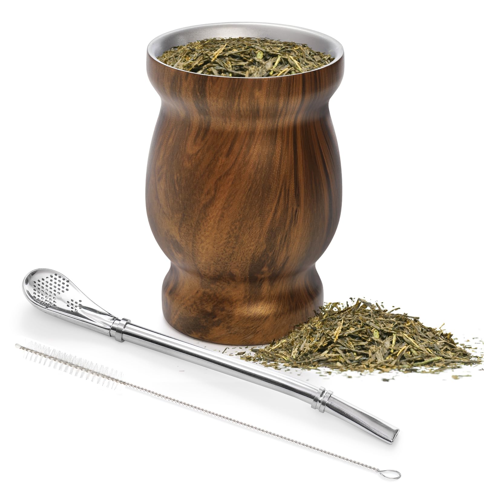 Cididu Yerba Mate Cup and Bombilla Kit, 8 oz Yerba Mate Gourd Set, Double Walled 304 Stainless Steel Classic Mate Cup with Bombilla Yerba Mate Straw and Cleaning Brush, Easy to Clean, Brown