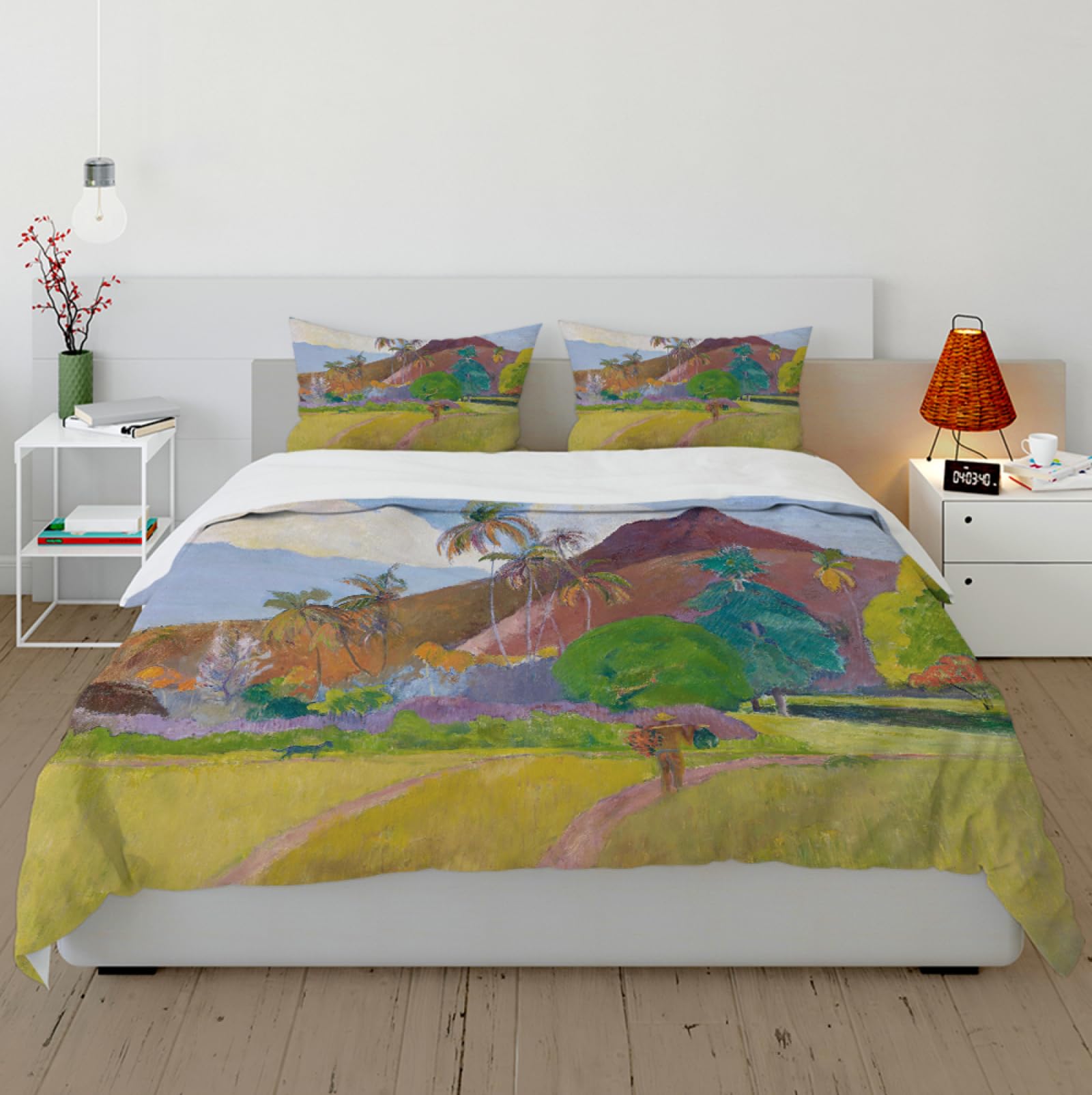 RIVINE Paul Gauguin Style Duvet Cover Set 3 Pieces Tahitian Landscape, 1891 Ultra Soft Bedroom Bedding Set with 2 Pillow Shams 4 Ties Zipper Twin XL