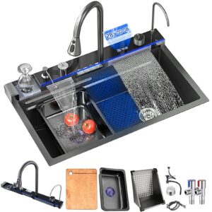 smart kitchen sink with digital display,nano 304 stainless steel kitchen sink with flying rain, pull-out faucet, pressurized cup washer