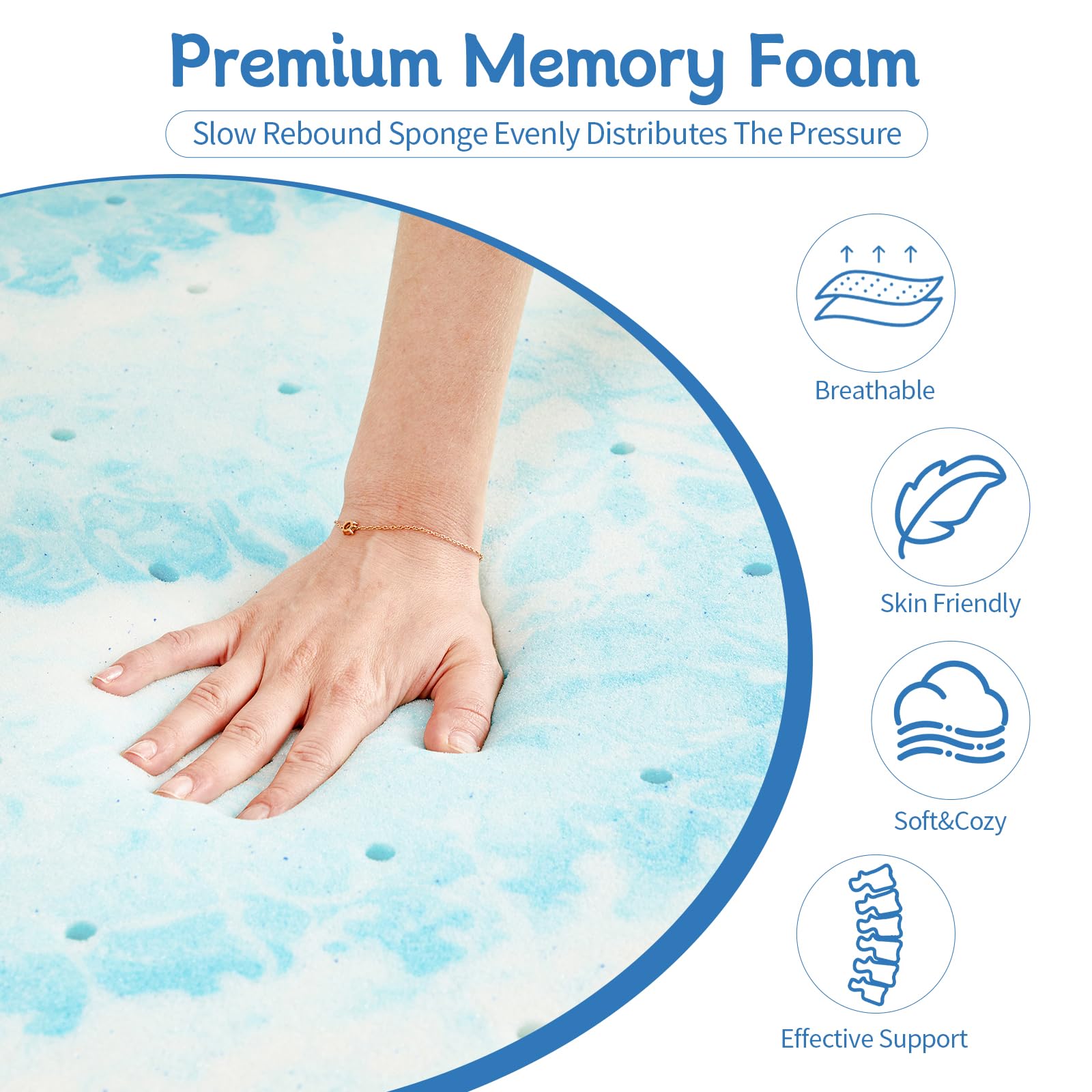 NEWBULIG Mattress Topper Memory Foam, Cooling Gel Infused Mattrespad, Ventilated Bed Cushion for Pressure Relief Back Pain