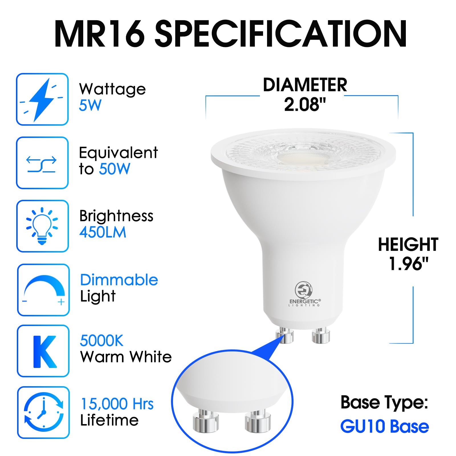 Energetic MR16 GU10 Bi-Pin Base LED Light Bulb, Dimmable 5000K Daylight 50W Halogen Replacement, 5W 120V 450LM CRI 80+, 40 Degree Beam Angle for Landscape, Recessed, Track Lighting, 6Pack