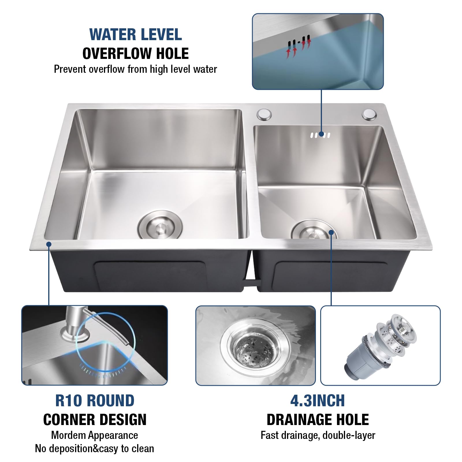 DuyviSteil T-304 Modern Nano-Coated Stainless Steel Kitchen Sink, Drop in & Topmount Double Bowl Sinks with Drainage Pipes and Fruit Baskets (30.7 x 16.9)