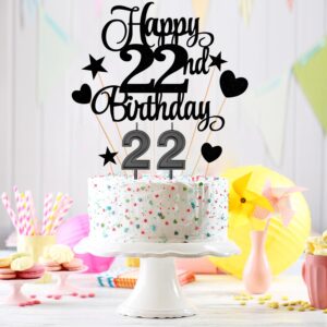 22nd Birthday Cake Decorations Set Include 22nd Birthday Candles Numeral 22 Cake Candles and Happy 22nd Birthday Cake Toppers with Heart Star Cupcake Picks for Birthday Party (Black Series)