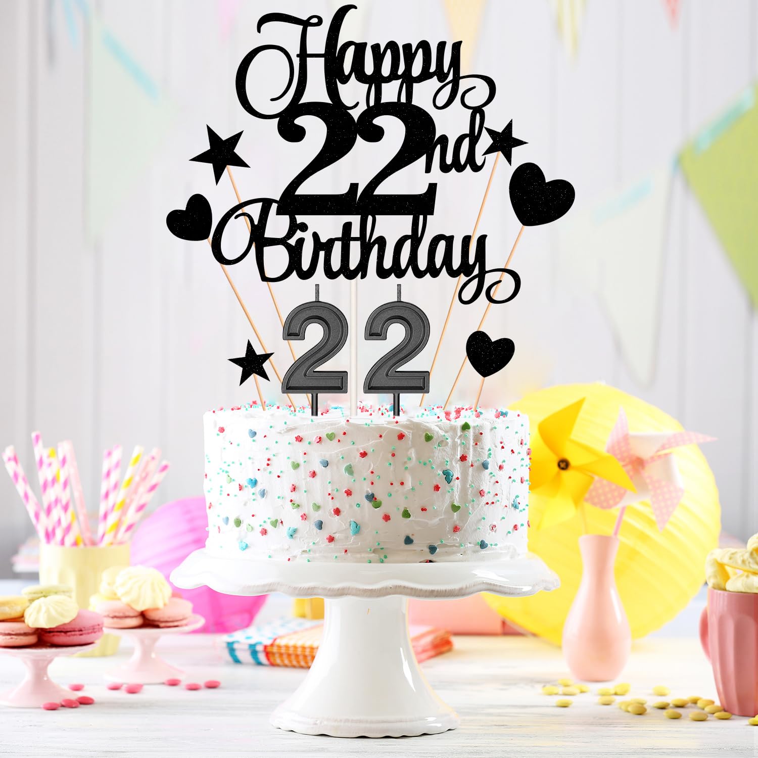 22nd Birthday Cake Decorations Set Include 22nd Birthday Candles Numeral 22 Cake Candles and Happy 22nd Birthday Cake Toppers with Heart Star Cupcake Picks for Birthday Party (Black Series)