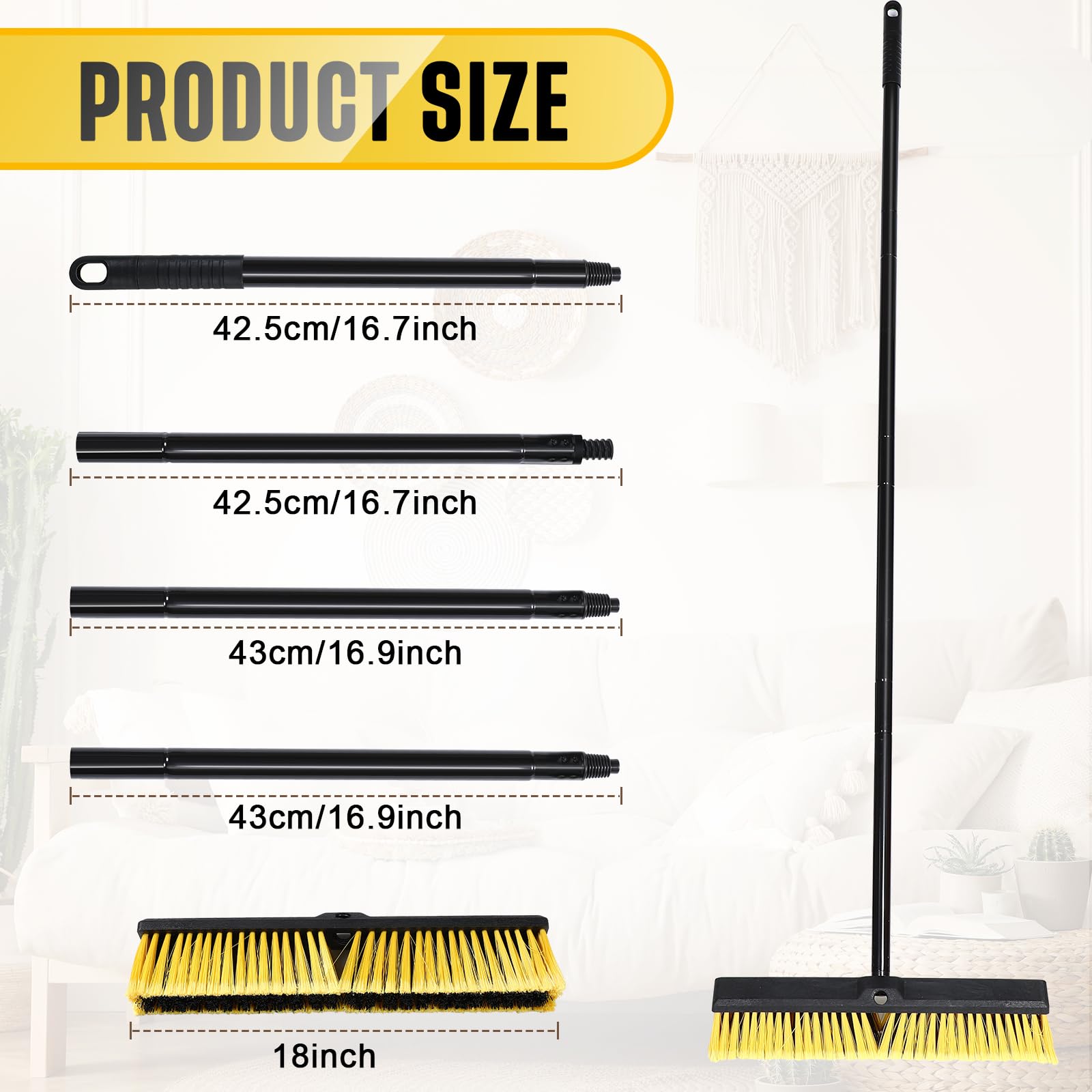 Zhehao 10 Pack 18 Inches Push Broom Outdoor, Multi Surface Garden Brush Broom with Adjustable 63" Long Handle for Deck, Driveway, Patio, Warehouse, Garage, Yard, Concrete Floor Cleaning