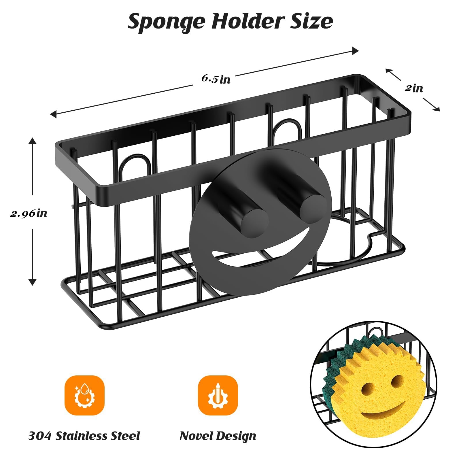 MURLONG Sponge Holder Smiley Face, Sink Caddy for Kitchen Sink, Sink Organizer Sponge Holder with 2 PCS Suction Cups/1 PCS Adhesive Strips, Designed for Sponge, Soap, Dish Brush, Scrubber-Black