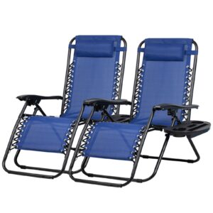 nazhura set of 2 relaxing recliners patio chairs adjustable steel mesh zero gravity lounge chair recliners with pillow and cup holder (blue)