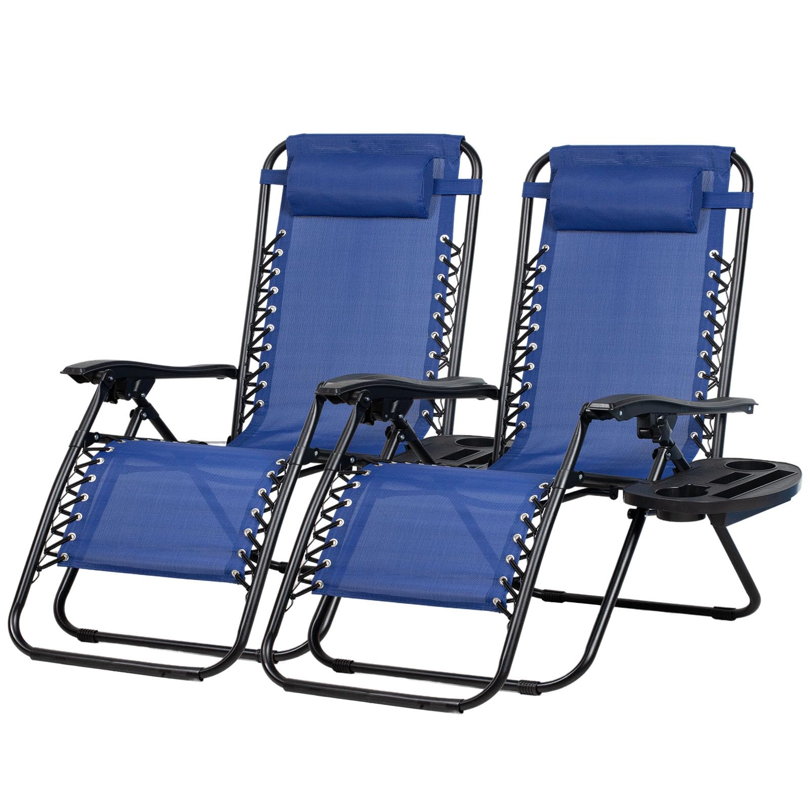 Nazhura Set of 2 Relaxing Recliners Patio Chairs Adjustable Steel Mesh Zero Gravity Lounge Chair Recliners with Pillow and Cup Holder (Blue)