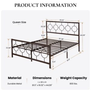 SHA CERLIN Queen Size Metal Bed Frame with Vintage Circular Design Headboard and Footboard,No Box Spring Required,Easy Assembly,Noise-Free,Brown