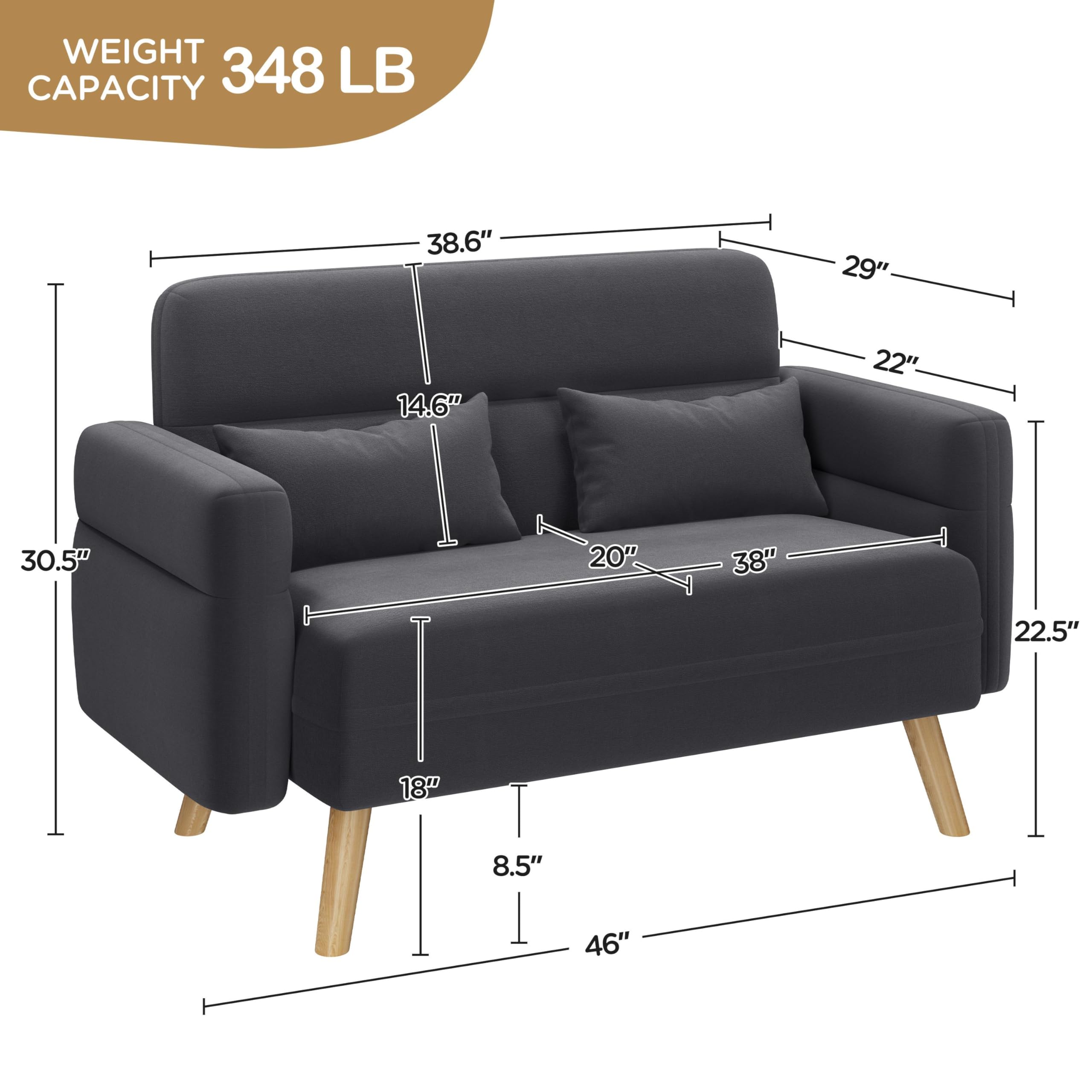 Yaheetech 46" Small Modern Fabric Sofa Loveseat Mid Century 2 Seater Sofa Couch with Lumbar Pillows, Solid Wood Legs for Living Room, Small Space, Dorm, Office, Bedroom, Dark Gray