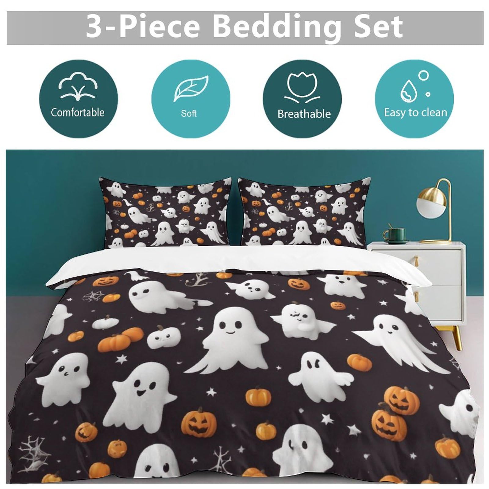 ZGDPBYF Halloween Quilts King Size 3D Cartoon White Ghost Pumpkin Printed Pattern, 3 Piece Quilt Bedding Set,Coverlet Set for All Season -1 Duvet Cover & 2 Pillowcases(No Comforter) 102"X92"