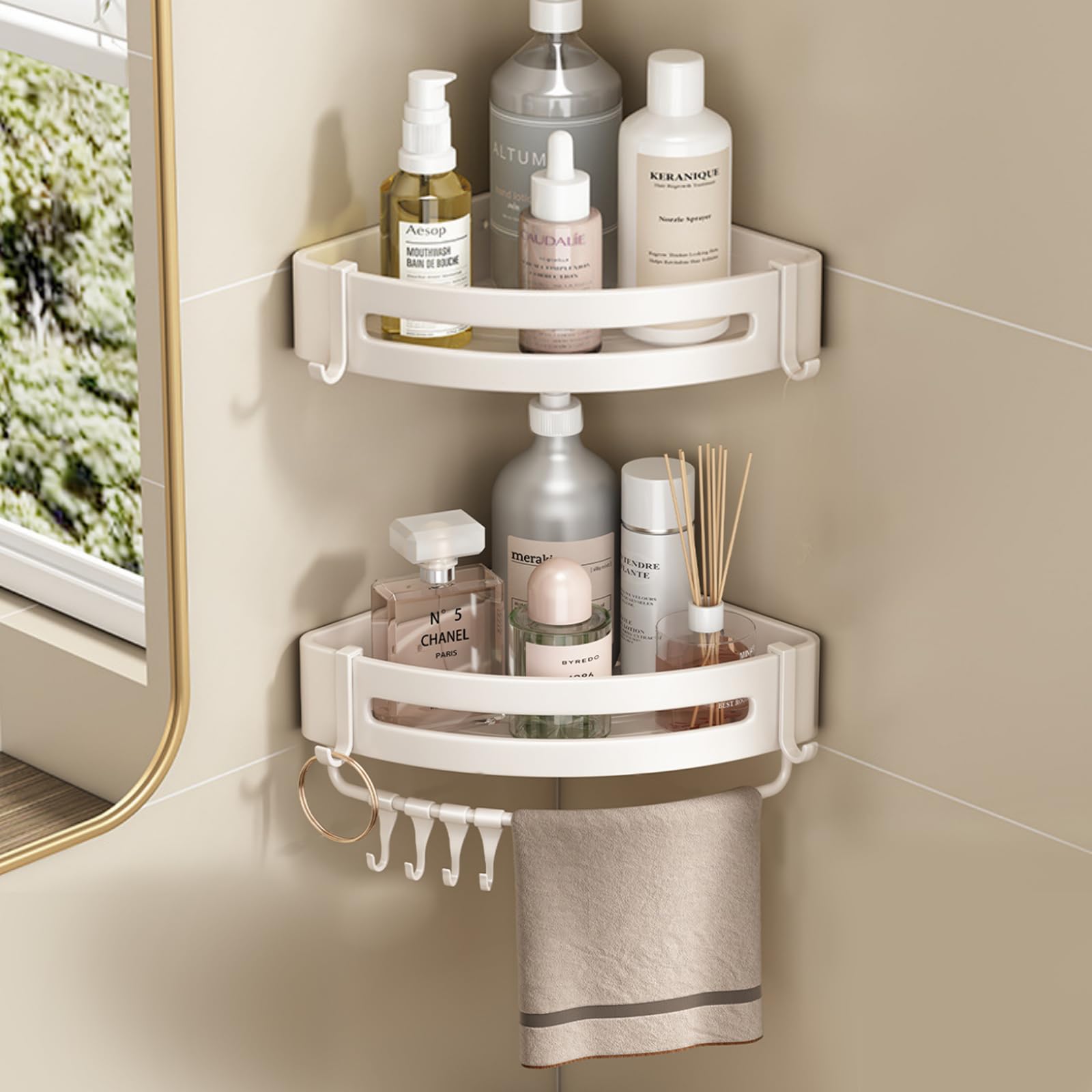 Shower Corner Shelf Caddy 2 Pack Shower Organizer Corner No Drilling Required, Aluminum Basket Shampoo Kitchen Organizer with 1 Towel Rack and 8 Hooks(White - Triangle Basket)