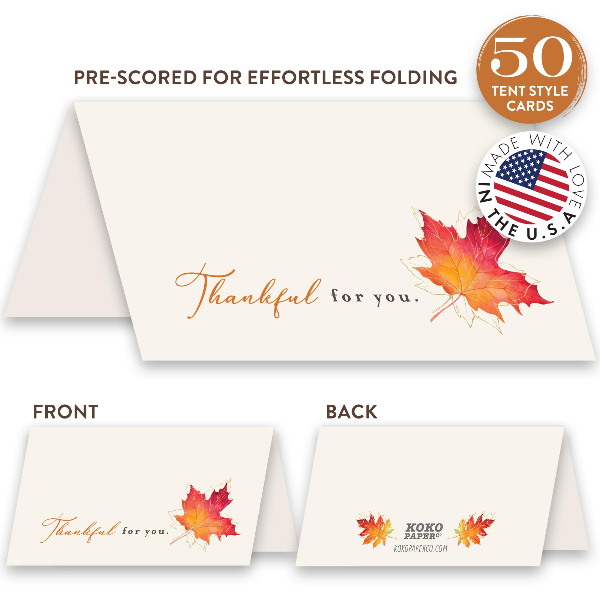 Koko Paper Co Maple Leaf Thankful for You Thanksgiving Table Place Cards | 50 Tent Style Dinner Setting Name Cards | Designed and Made in the U.S.A.