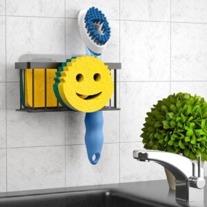 MURLONG Sponge Holder Smiley Face, Sink Caddy for Kitchen Sink, Sink Organizer Sponge Holder with 2 PCS Suction Cups/1 PCS Adhesive Strips, Designed for Sponge, Soap, Dish Brush, Scrubber-Black