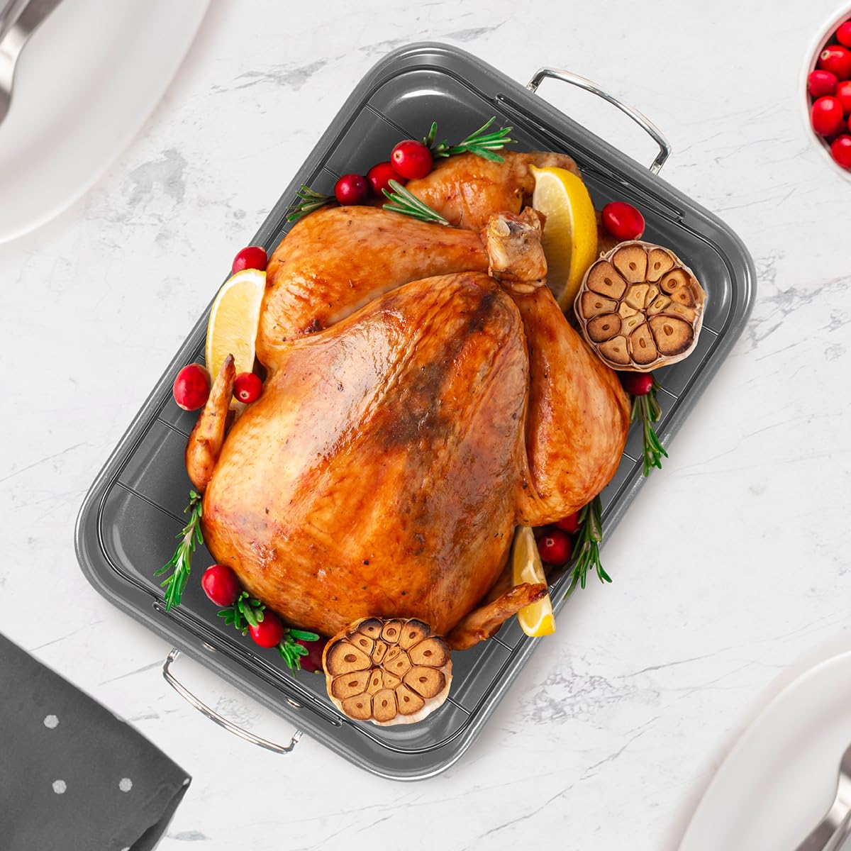 Glad Roasting Pan Nonstick 11x15 - Heavy Duty Metal Bakeware Dish with Rack - Large Oven Roaster Tray for Baking Turkey, Chicken, and Veggies