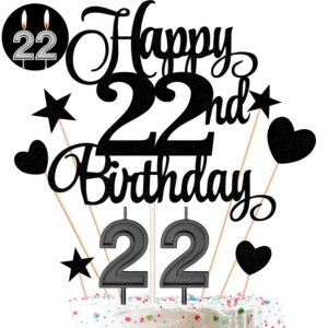 22nd birthday cake decorations set include 22nd birthday candles numeral 22 cake candles and happy 22nd birthday cake toppers with heart star cupcake picks for birthday party (black series)