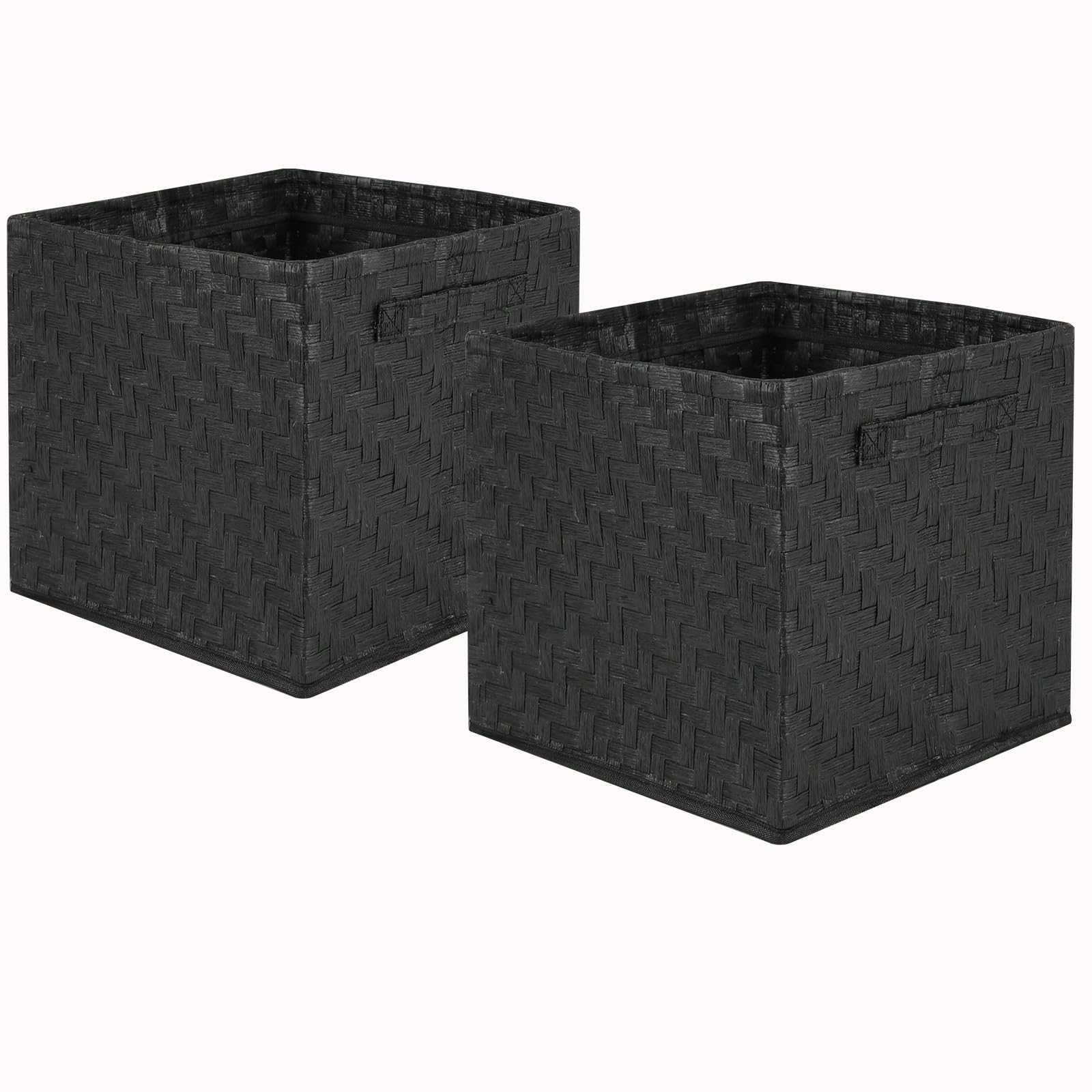 HODJOY Cube Storage Organizer, Handwoven Storage Cubes for Shelves, Recycled Paper Rope Foldable Storage Basket with Handles, Pack of 2, 11''*11''*11" (Black)