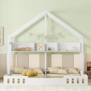 harper & bright designs twin house bed for kids,wood double twin beds frame with shelves and guardrail, monressori floor bed two shared beds with rails for girls or boys, creamy white