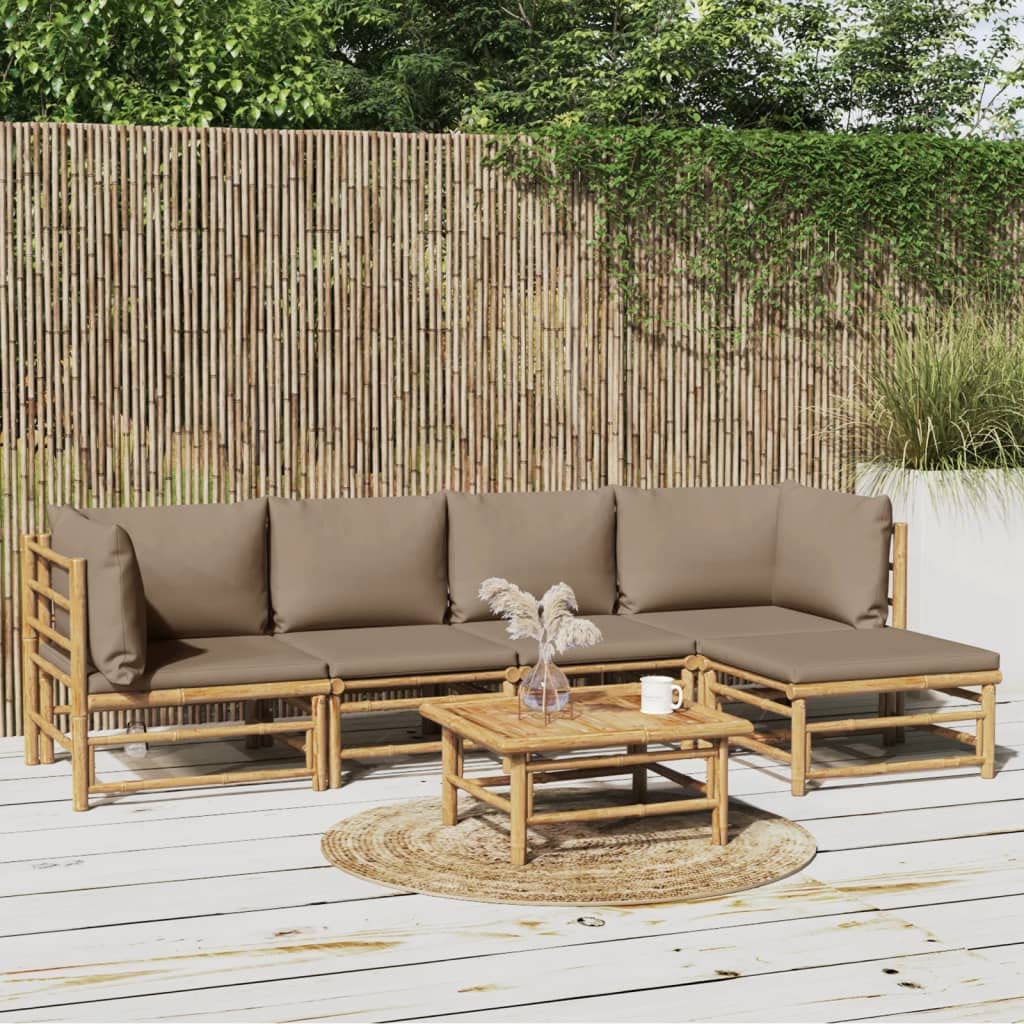 vidaXL 6 Piece Bamboo Patio Furniture Set with Taupe Cushions - Durable Outdoor Sectional Sofa for Garden, Deck, or Lounge Area - Modular Design with Coffee Table