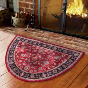 Cozy Floor Mats Hearth Rug, Low Profile, 26"x 39" Fireplace Red, Half Circle, Fire Resistant Mat, Classic Design, Floral, Half Moon Shape, Non Slip Kitchen Rug, Cabin Cottage Lodge, 2'2"x 3'3"