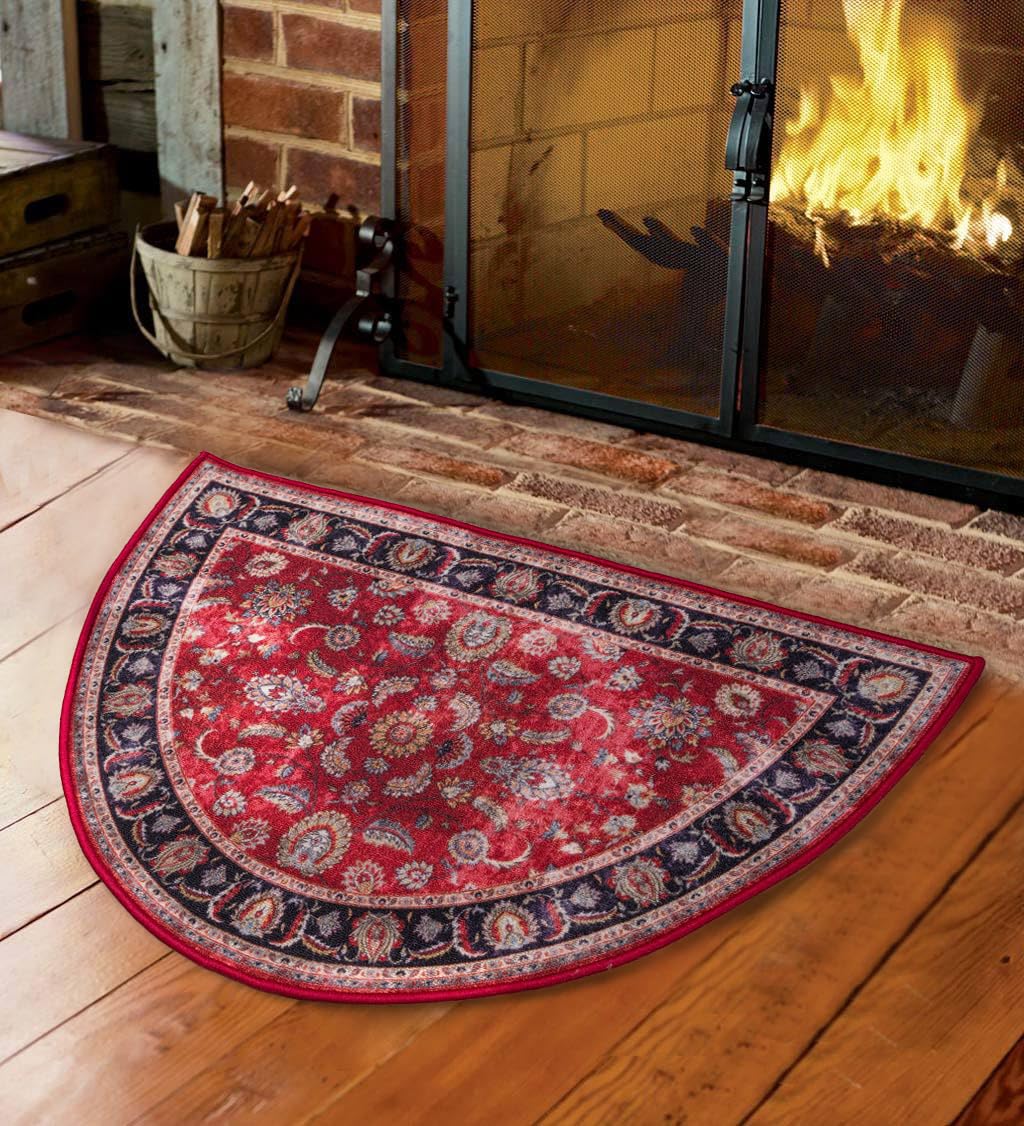 Cozy Floor Mats Hearth Rug, Low Profile, 26"x 39" Fireplace Red, Half Circle, Fire Resistant Mat, Classic Design, Floral, Half Moon Shape, Non Slip Kitchen Rug, Cabin Cottage Lodge, 2'2"x 3'3"