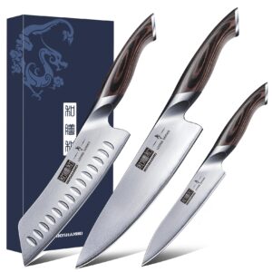 hoshanho 3 pieces knife set, professional japanese aus-10 stainless steel kitchen knife set, ultra sharp chef knives sets with ergonomic pakkawood handle