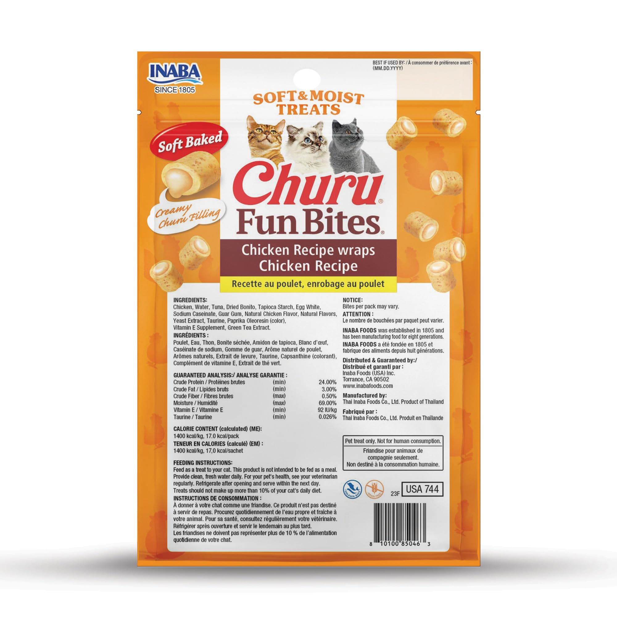 INABA Churu Fun Bites for Cats, Soft & Chewy Baked Chicken Wrapped Filled Cat Treats with Taurine, 0.42 Ounces Each Tetra, 18 Tetras (3 per Bag), Chicken Recipe