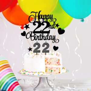 22nd Birthday Cake Decorations Set Include 22nd Birthday Candles Numeral 22 Cake Candles and Happy 22nd Birthday Cake Toppers with Heart Star Cupcake Picks for Birthday Party (Black Series)