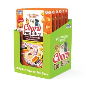 inaba churu fun bites for cats, soft & chewy baked chicken wrapped filled cat treats with taurine, 0.42 ounces each tetra, 18 tetras (3 per bag), chicken recipe