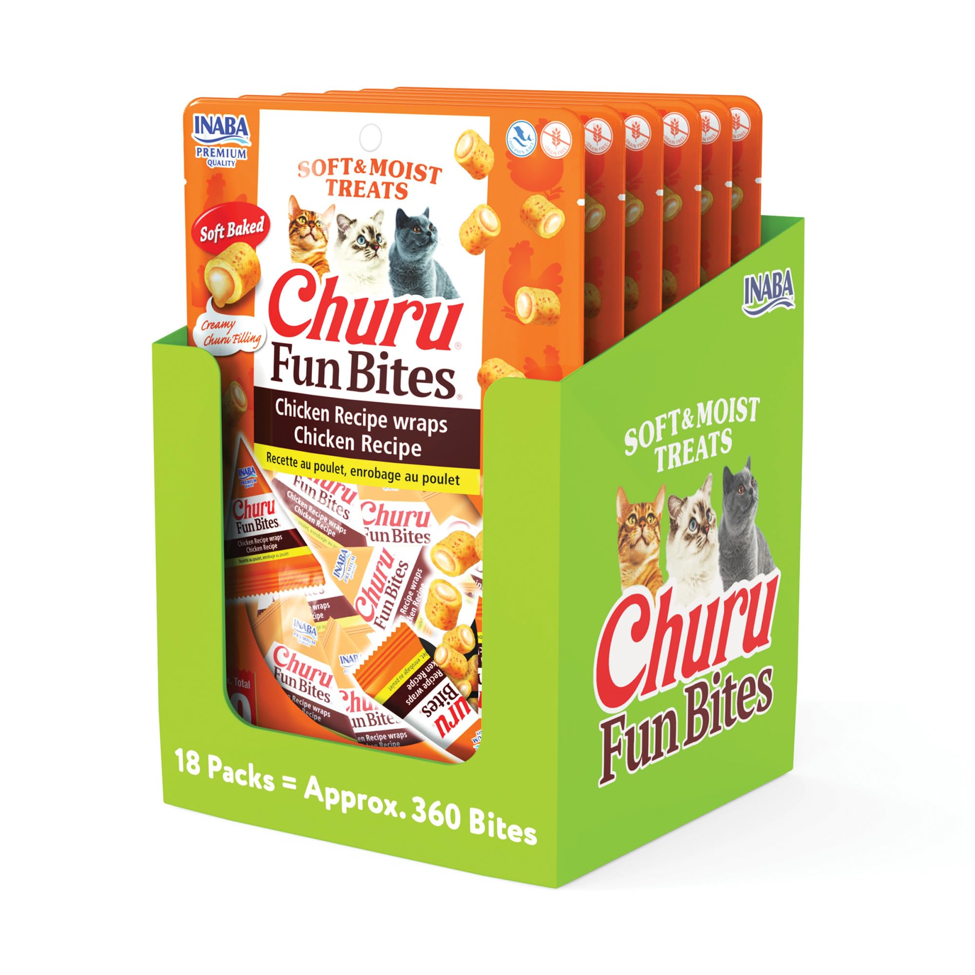 INABA Churu Fun Bites for Cats, Soft & Chewy Baked Chicken Wrapped Filled Cat Treats with Taurine, 0.42 Ounces Each Tetra, 18 Tetras (3 per Bag), Chicken Recipe