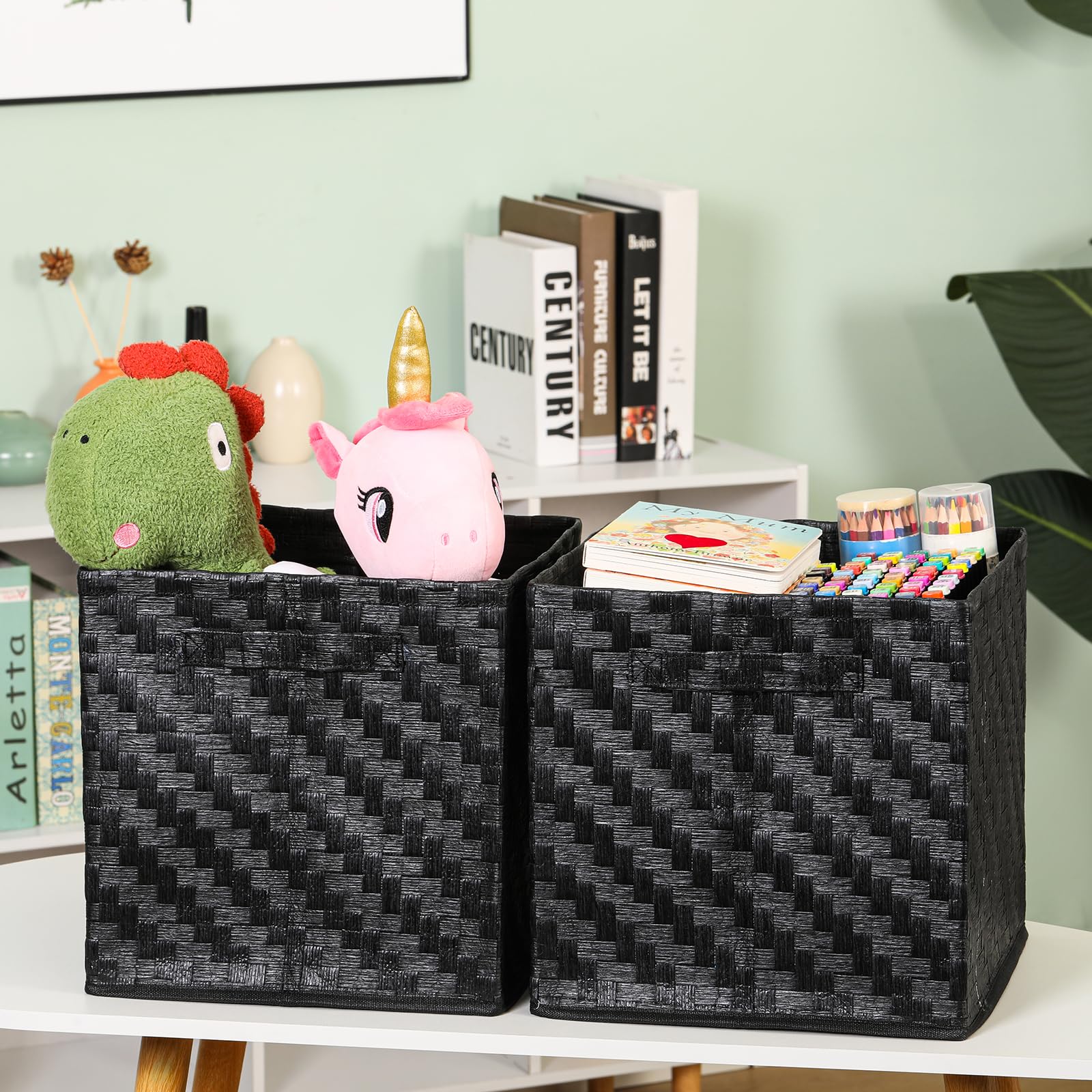 HODJOY Cube Storage Organizer, Handwoven Storage Cubes for Shelves, Recycled Paper Rope Foldable Storage Basket with Handles, Pack of 2, 11''*11''*11" (Black)