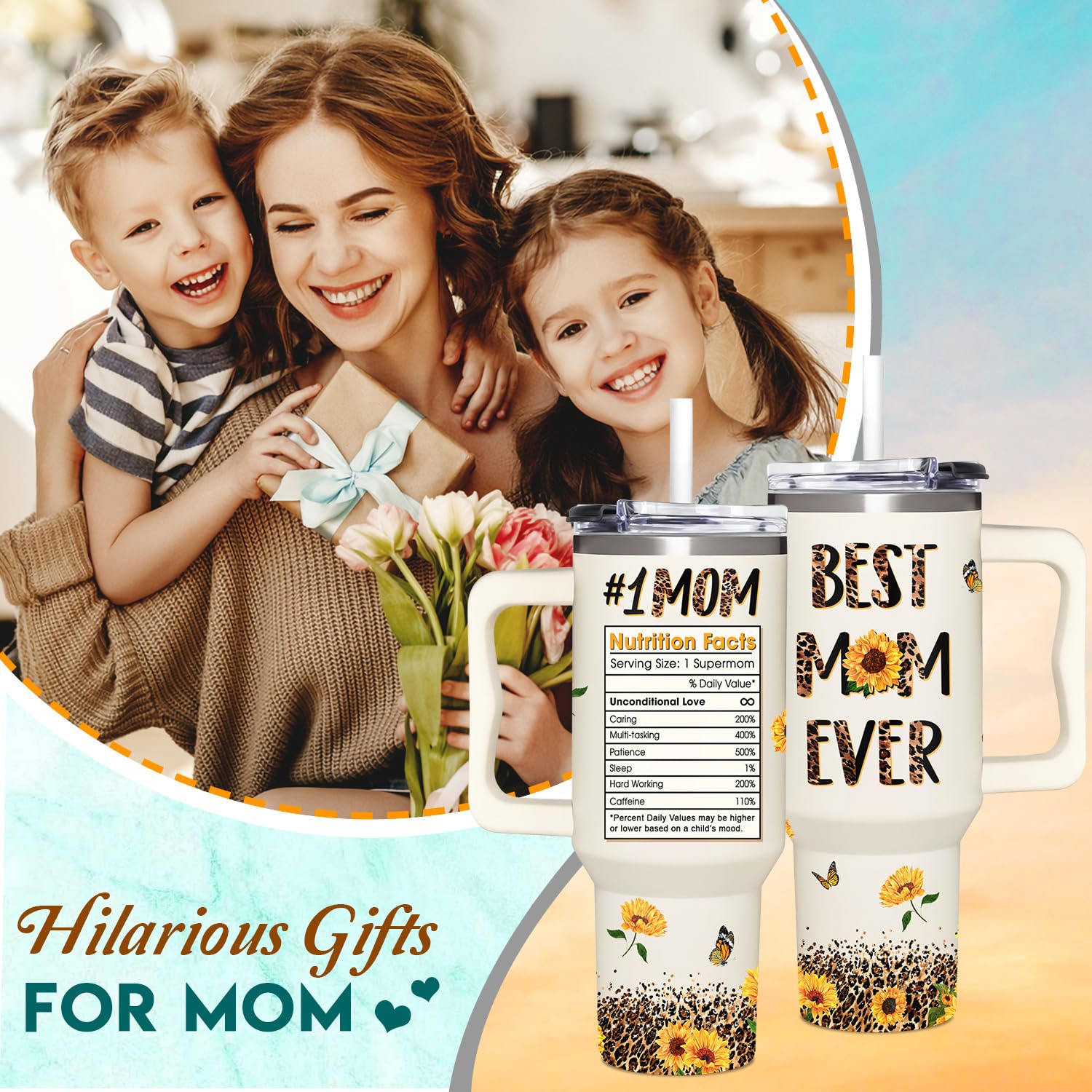 Best Mom Ever Gifts - Gifts for Mom from Daughter, Son, Kids - Mom Gifts - Mothers Day Gift For Mom - Birthday Gifts Idea For Mother - Christmas Gifts for Mom, Wife - Mom Tumbler With Handle 40oz