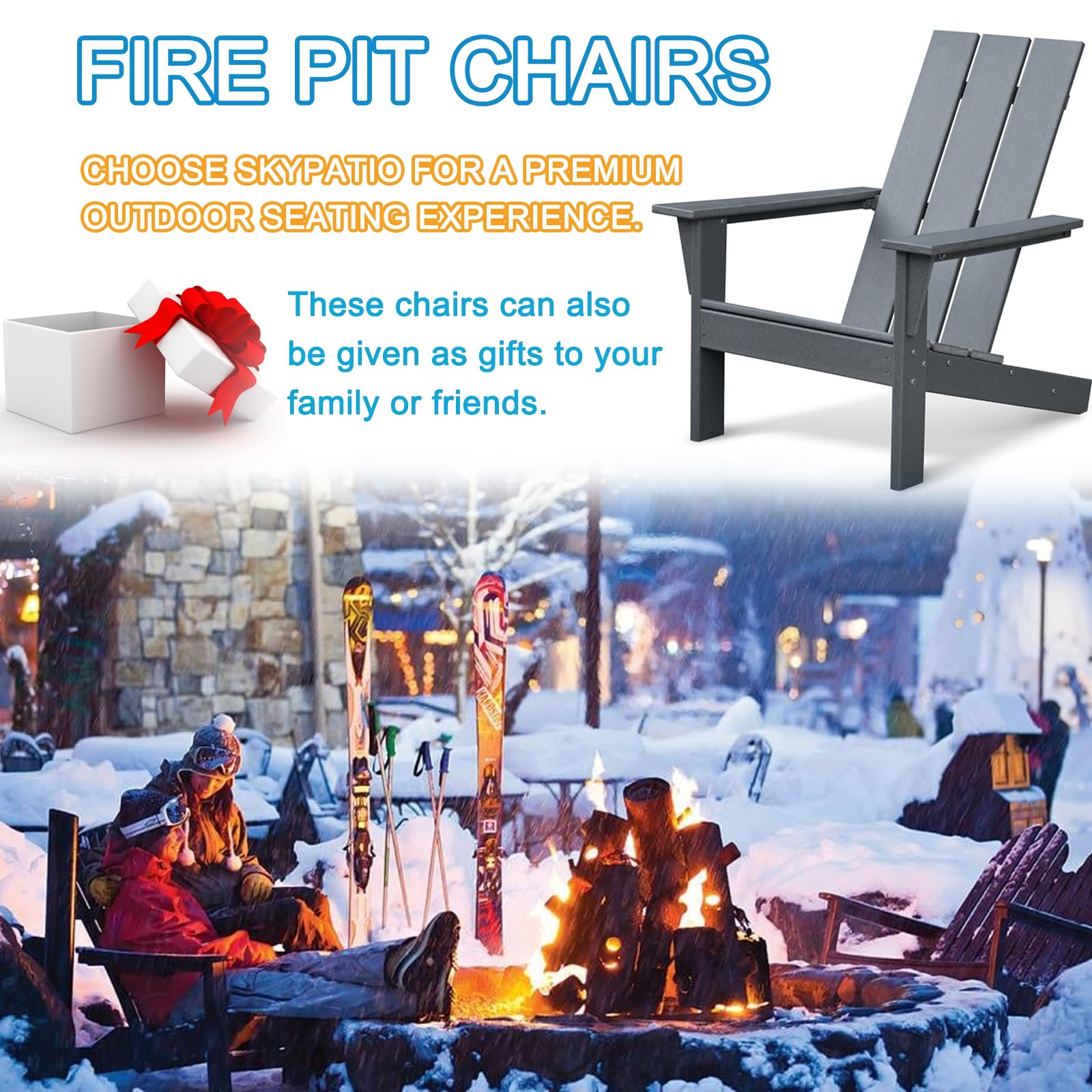 Skypatio Adirondack Chair, All-Weather Patio Fire Pit Chairs High-Density Polyethylene Adirondack Chairs for Porch, Balcony, Garden, Deck, Lawn, Backyard, Grey