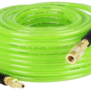 YOTOO Reinforced Polyurethane Air Hose 1/4" Inner Diameter by 100' Long, Flexible, Heavy Duty Air Compressor Hose with Bend Restrictor, 1/4" Swivel Industrial Quick Coupler and Plug, Green