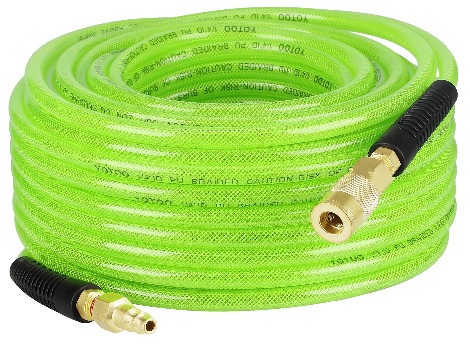 YOTOO Reinforced Polyurethane Air Hose 1/4" Inner Diameter by 100' Long, Flexible, Heavy Duty Air Compressor Hose with Bend Restrictor, 1/4" Swivel Industrial Quick Coupler and Plug, Green