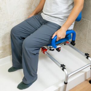 iLIVING ILG-668 Tub Transfer Bench Shower Chair for Inside Shower with Easy Access Swivel Padded Seat and Pivoting Arms, and Adjustable Height for Handicap and Seniors, Blue