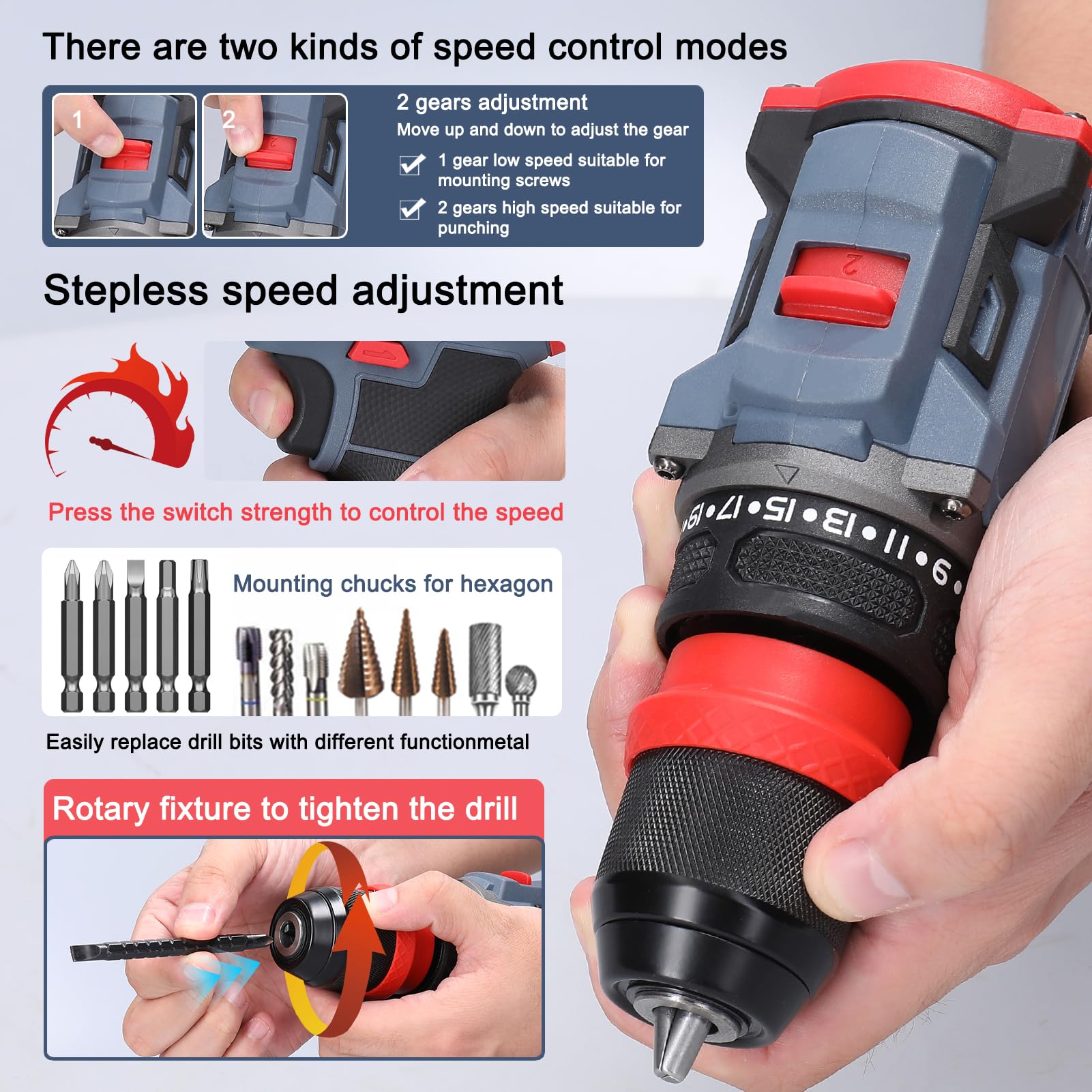 Vislone Cordless Drill 16.8V 2in1 Power Drill Drivers Lithium Electric Screwdriver Power Tool 45Nm Torque Brushless Motor LED Indicator Light with 2pcs 1300mAh Batteries and Charger