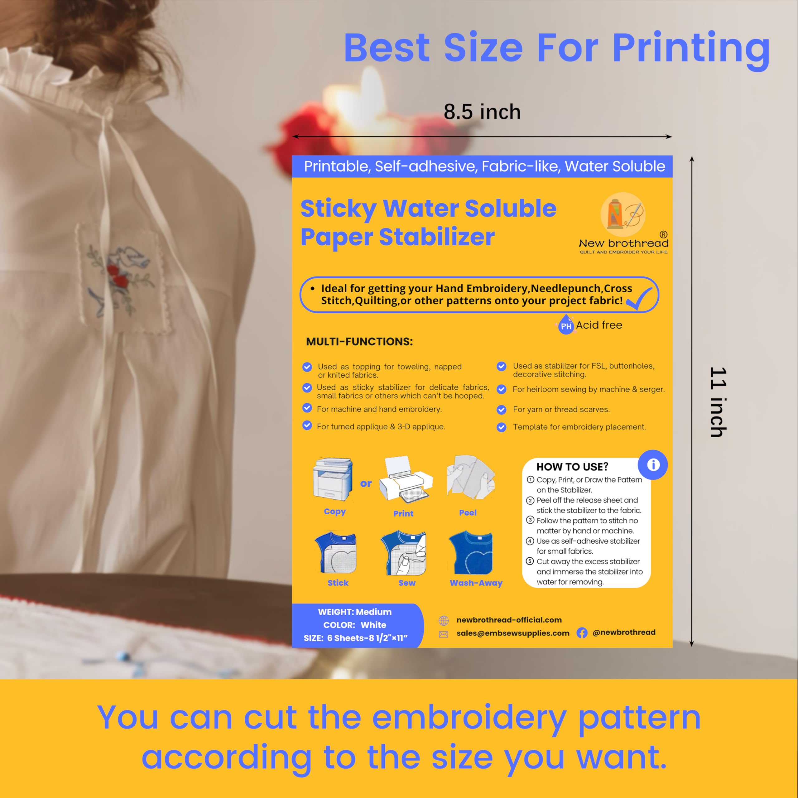 New brothread 6PCS 8.5"x11" Sticky Water Soluble Embroidery Stabilizer Printable Paper Stabilizer - Medium Weight - Allowed for Print or Draw Patterns Best for Hand & Machine Embroidery