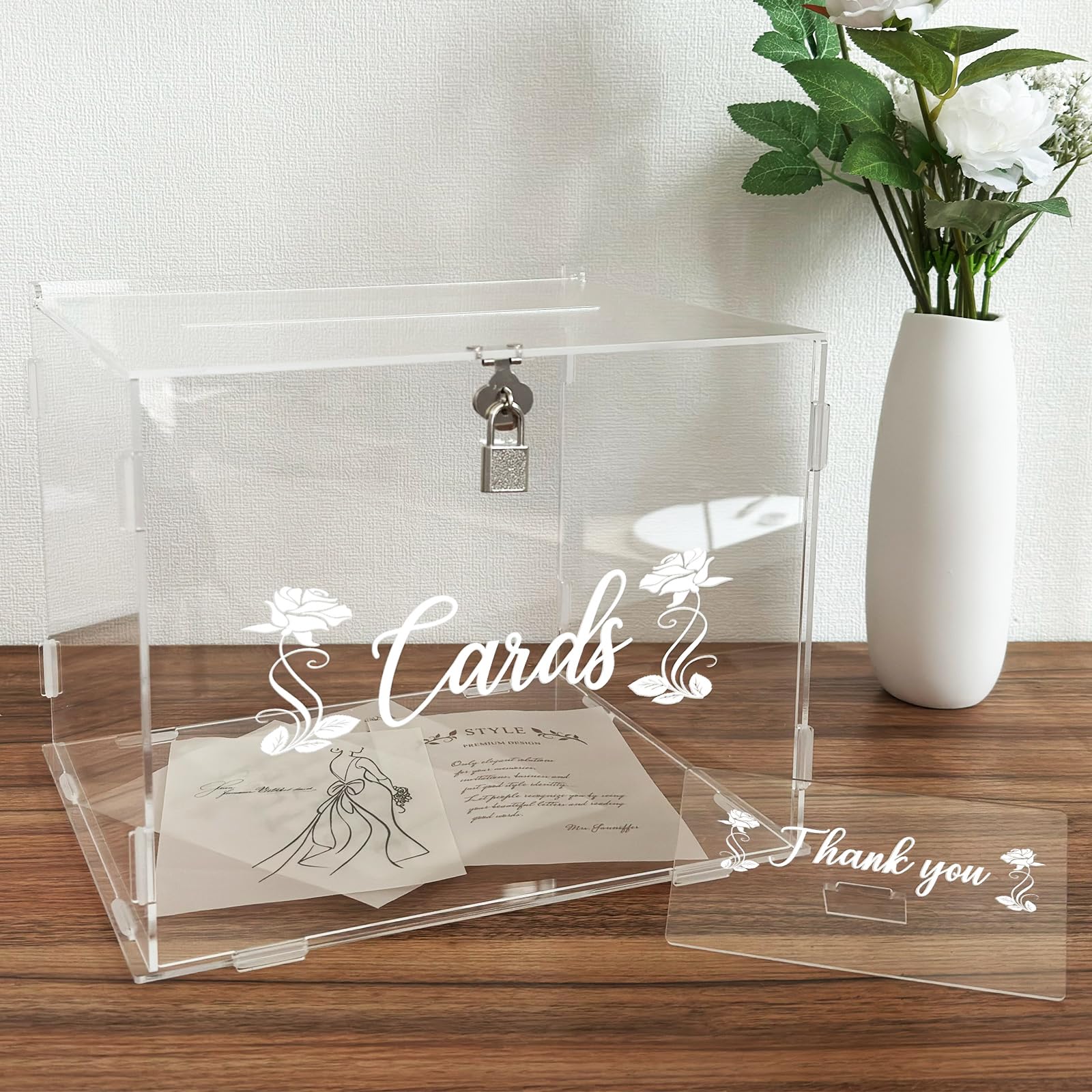 FCDECOR Wedding Card Box with Lock, Acrylic Clear Card Boxes for Wedding Reception Money Card Holder for Wedding, Baby Showers, Birthdays, Bridal or Graduation Party Supplies, 11" Clear