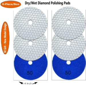 4 Inch New Model Dry Diamond Polishing Pads Grit 50, 1 Box of 6 Piece Dry/Wet Marble Buffing Pad for Granite Marble Quartz Concrete Stones(Need Water for Hard Tile)