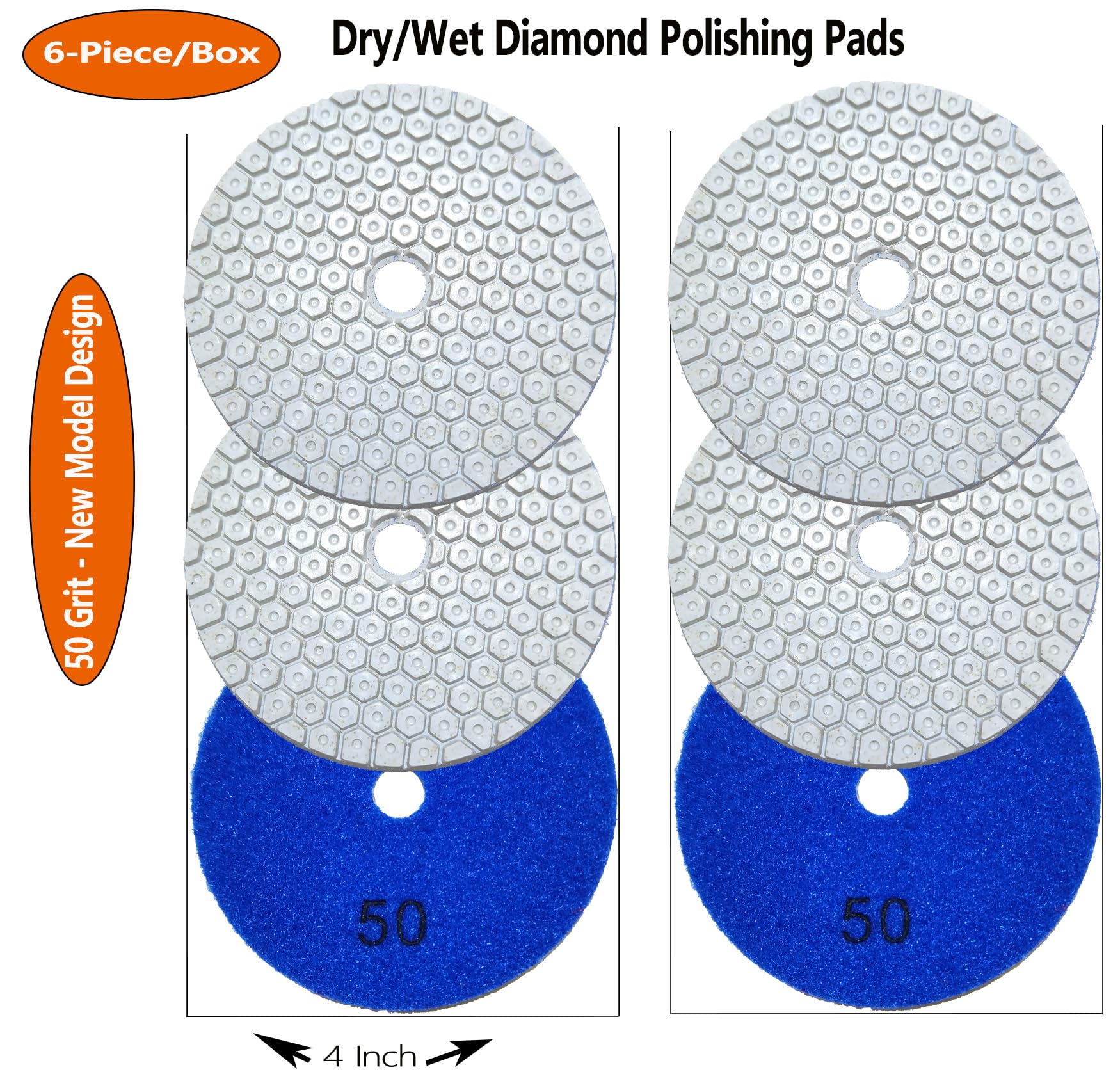 4 Inch New Model Dry Diamond Polishing Pads Grit 50, 1 Box of 6 Piece Dry/Wet Marble Buffing Pad for Granite Marble Quartz Concrete Stones(Need Water for Hard Tile)