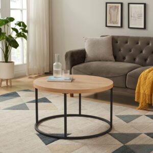 CENSI Oak End Table Side Table for Living Room, Mid-Century Modern Nightstand for Bedroom, Plant Stand, 15.7" Round, Wood and Metal (Natural)