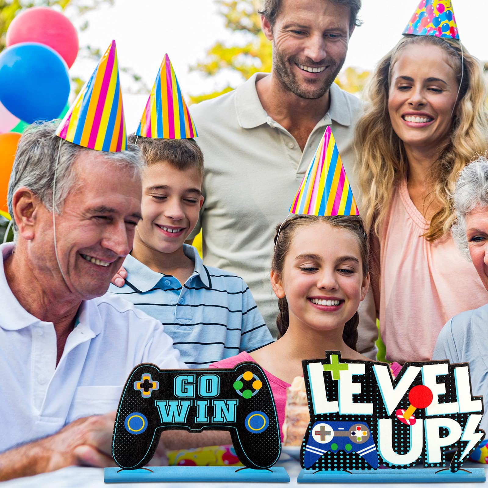 Geetery 6 Pcs Video Game Party Centerpieces Wood Level up Birthday Decorations Gaming Desk Decor Pixelated Game on Table Sign for Adults Birthday Party Game Gaming Theme Fans Supplies(Blue)